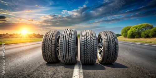 Warm Weather Tires On Asphalt Road Creative AI, summer tires, sun, warmth, tires on road