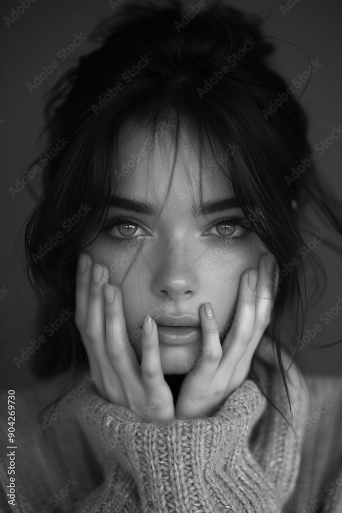 Portrait of a Shy Young Woman with Hands on Her Head, Tired and Exhausted Expression, Captivating Black and White Image, Expressive Eyes, Soft Light Portrait of a Shy Young Woman with Hands on Her Head, Tired and Exhausted Expression, Captivating Black and White Image, Expressive Eyes, Soft Light