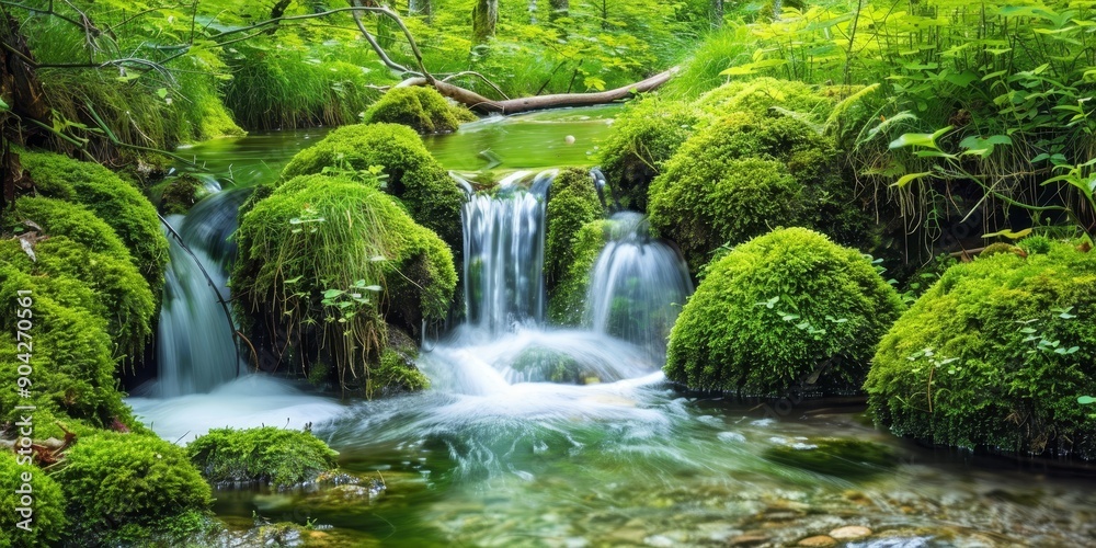 Crystal clear water cascading down moss-covered rocks in a serene forest stream Crystal clear water cascading down moss-covered rocks in a serene forest stream