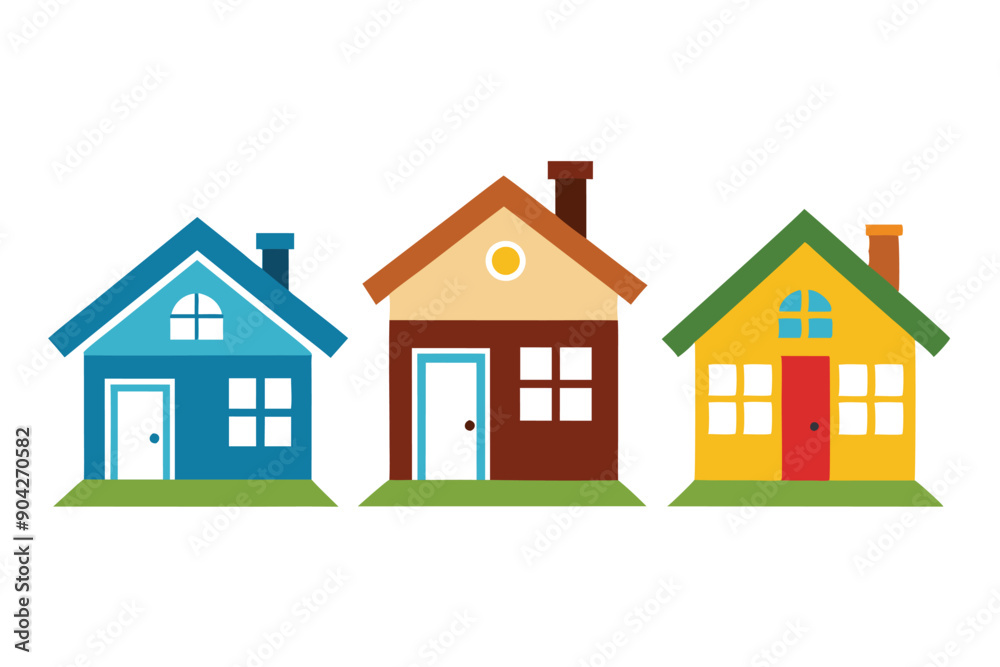 Three cartoon houses with different colors and features Three cartoon houses with different colors and features