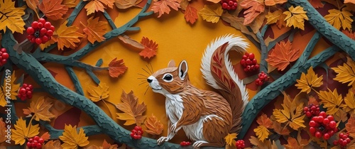 This image captures a squirrel in the act of eating berries with autumn-colored foliage. photo