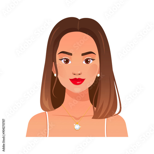 Beautiful woman with red lipsticks and golden jewelries.
