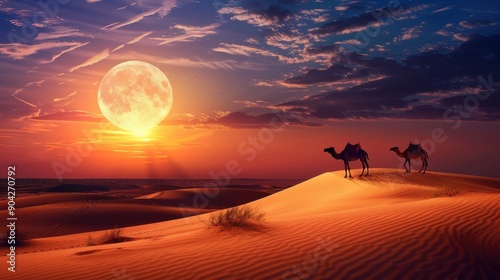 Camels Silhouette in Desert at Sunset with Full Moon.