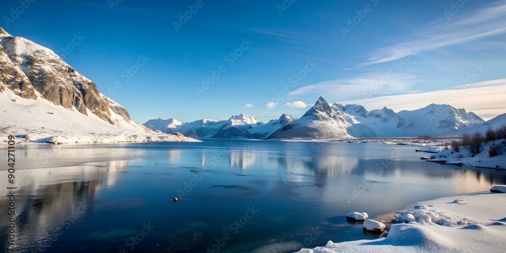 Frozen fjord landscape in winter Lofoten Islands Norway Generative AI, winter, norway, fjord, landscape
