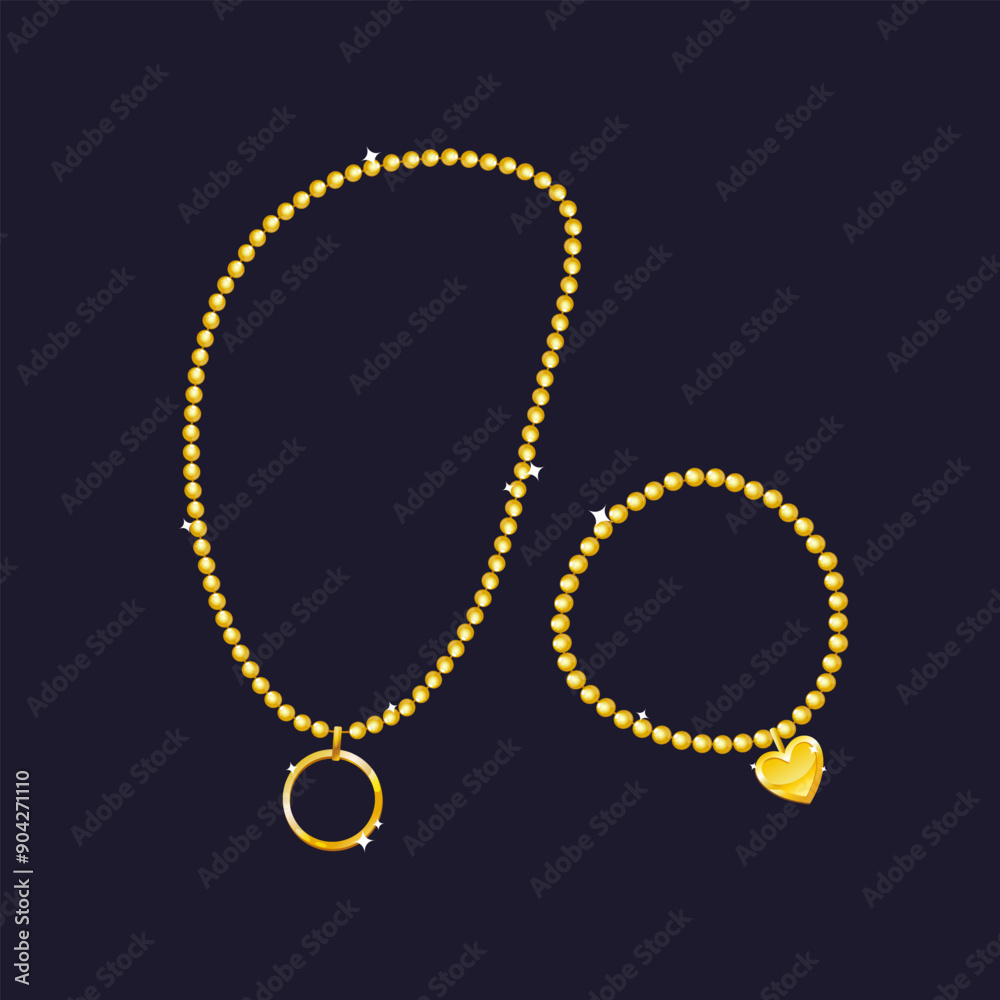 Vector jewelries with golden chains for neck and hand with pendants.
Vector jewelries with golden chains for neck and hand with pendants.