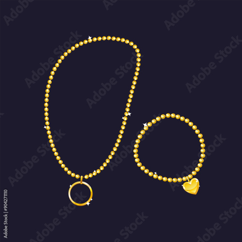 Vector jewelries with golden chains for neck and hand with pendants.
