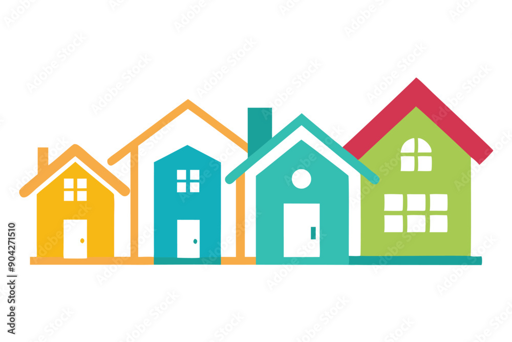 Row of Colorful Cartoon Houses with Different Features Row of Colorful Cartoon Houses with Different Features