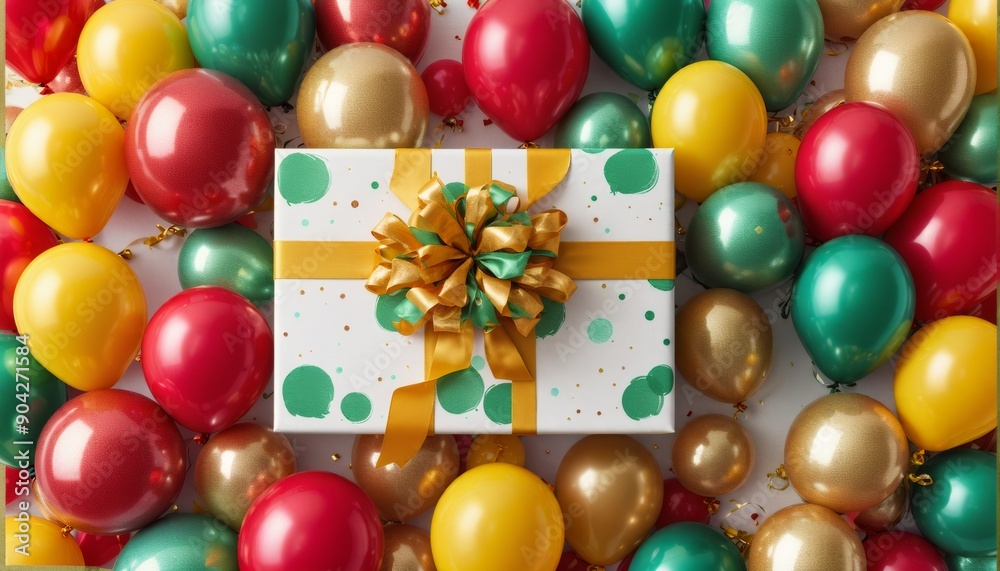 a playful arrangement of cartoon balloons in red, green, and yellow surround a neatly wrapped present with a gold ribbon, creating a vibrant focal point on a stark white backgro