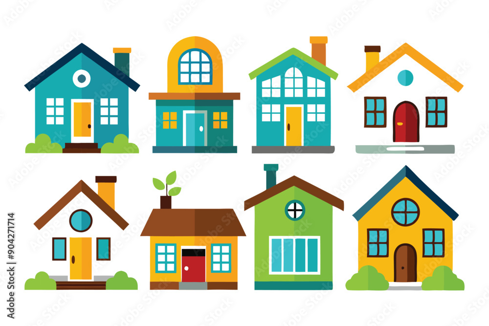Colorful Flat Design Houses with Different Styles and Details Colorful Flat Design Houses with Different Styles and Details