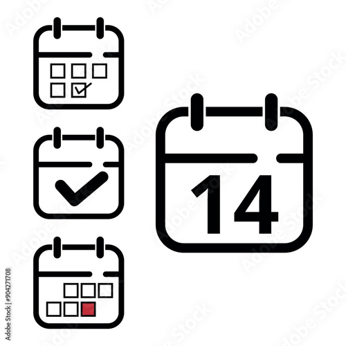 Collection of simple calendar icons of different designs, calendar icon with specific day marked for websites and graphic resources, day 14.