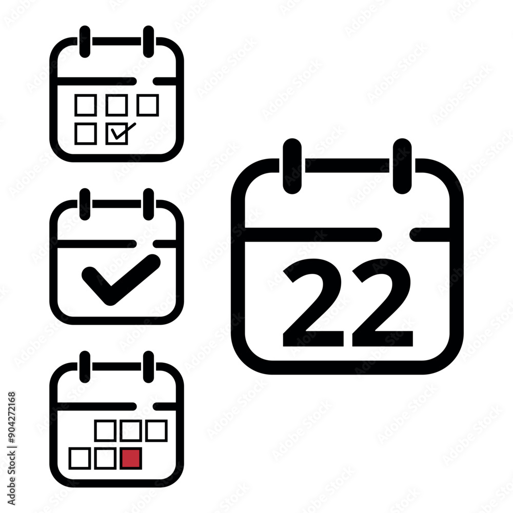Collection of simple calendar icons of different designs, calendar icon with specific day marked for websites and graphic resources, day 22. Collection of simple calendar icons of different designs, calendar icon with specific day marked for websites and graphic resources, day 22.