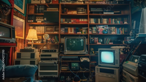 A cozy corner filled with vintage gaming consoles, cartridges, and an old CRT television