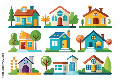 Nine Colorful Cartoon Houses with Yards and Trees