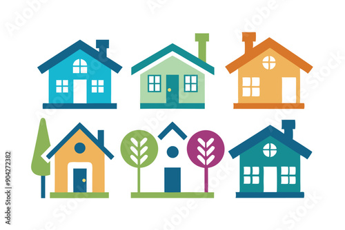 Colorful Stylized Houses with Trees and Chimneys