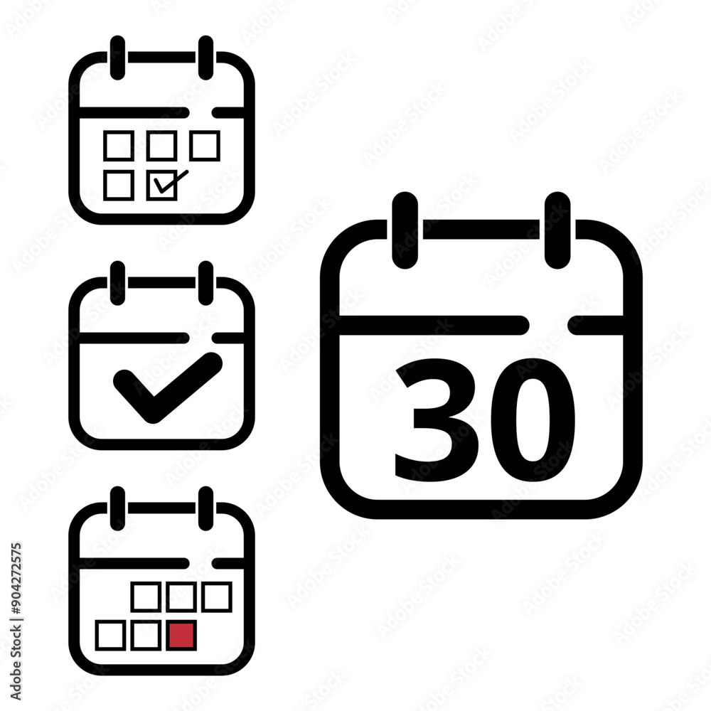 Collection of simple calendar icons of different designs, calendar icon with specific day marked for websites and graphic resources, day 30. Collection of simple calendar icons of different designs, calendar icon with specific day marked for websites and graphic resources, day 30.