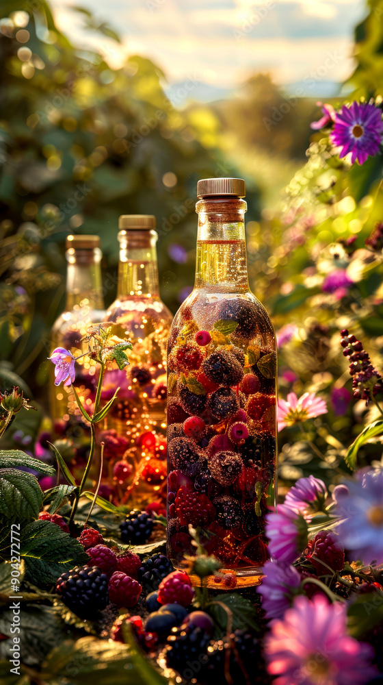 Three bottles filled with colorful berries surrounded by vibrant flowers in a sunny garden setting. Three bottles filled with colorful berries surrounded by vibrant flowers in a sunny garden setting.