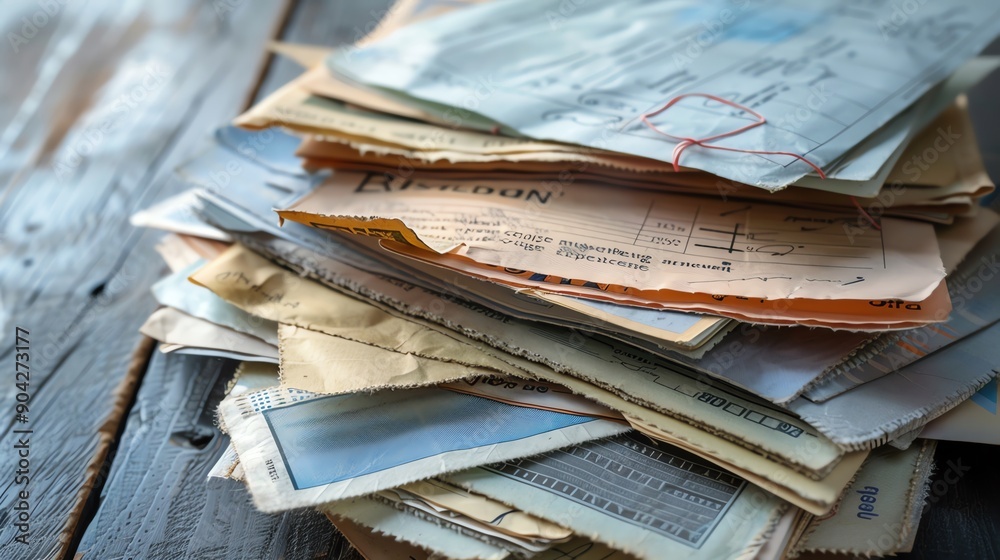 A stack of old, weathered envelopes and documents piled on a rustic wooden surface, evoking nostalgia and vintage charm. A stack of old, weathered envelopes and documents piled on a rustic wooden surface, evoking nostalgia and vintage charm.