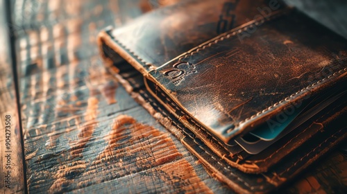 Close-up of a vintage leather wallet on a rustic wooden surface, showcasing craftsmanship and texture in warm lighting.