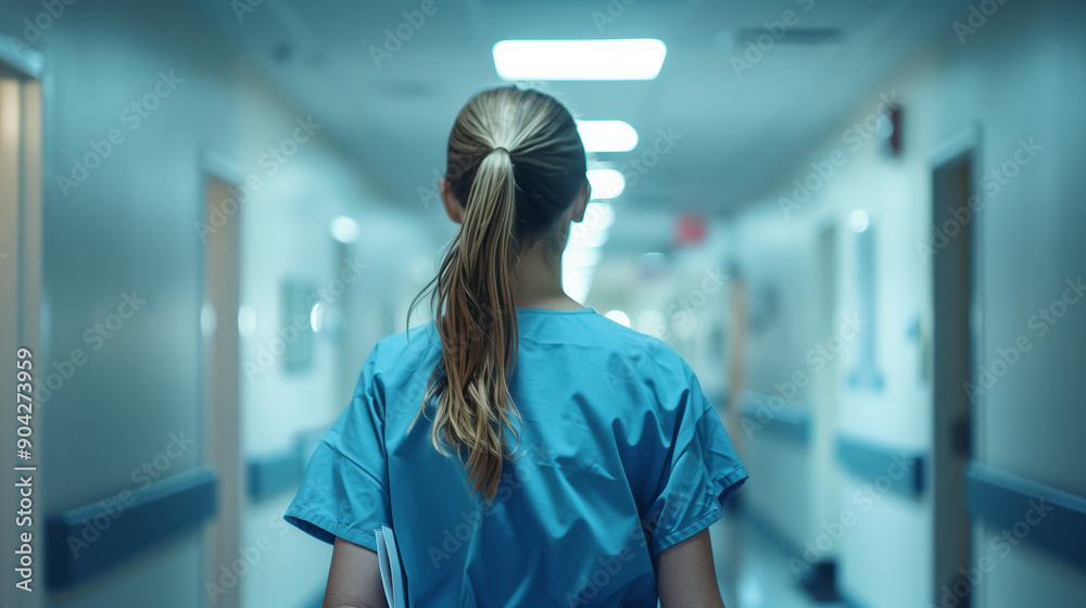 back view of female nurse walking in hospital hallway, wearing blue medical uniform and carrying clipboard, Ai Generated Images back view of female nurse walking in hospital hallway, wearing blue medical uniform and carrying clipboard, Ai Generated Images