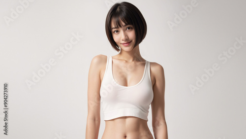 shot of an Asian girl white camisole pajamas bikini, highlighting her bright eyes and genuine smile against the clean white background. photo