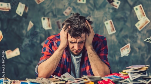 Man distressed by financial burden, surrounded by bills, in disorganized space. Represents debt, stress, and financial struggles.