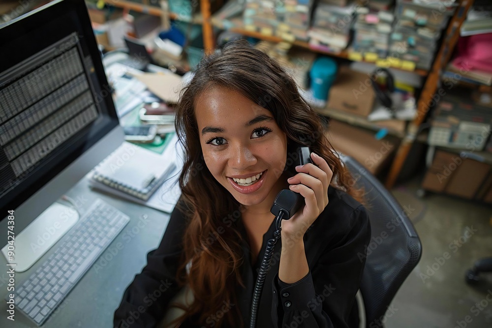 Title: Female Entrepreneur Having a Phone Conversation at her Computer Station