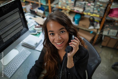 Title: Female Entrepreneur Having a Phone Conversation at her Computer Station