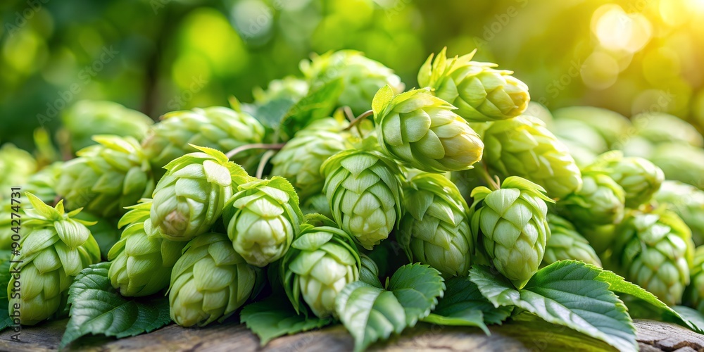 Freshly harvested hops cones with soft, green leaves and cone-shaped structures Generative By AI, leaves Freshly harvested hops cones with soft, green leaves and cone-shaped structures Generative By AI, leaves