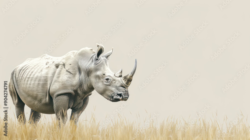 Fototapeta premium White rhinoceros standing in tall grass.
