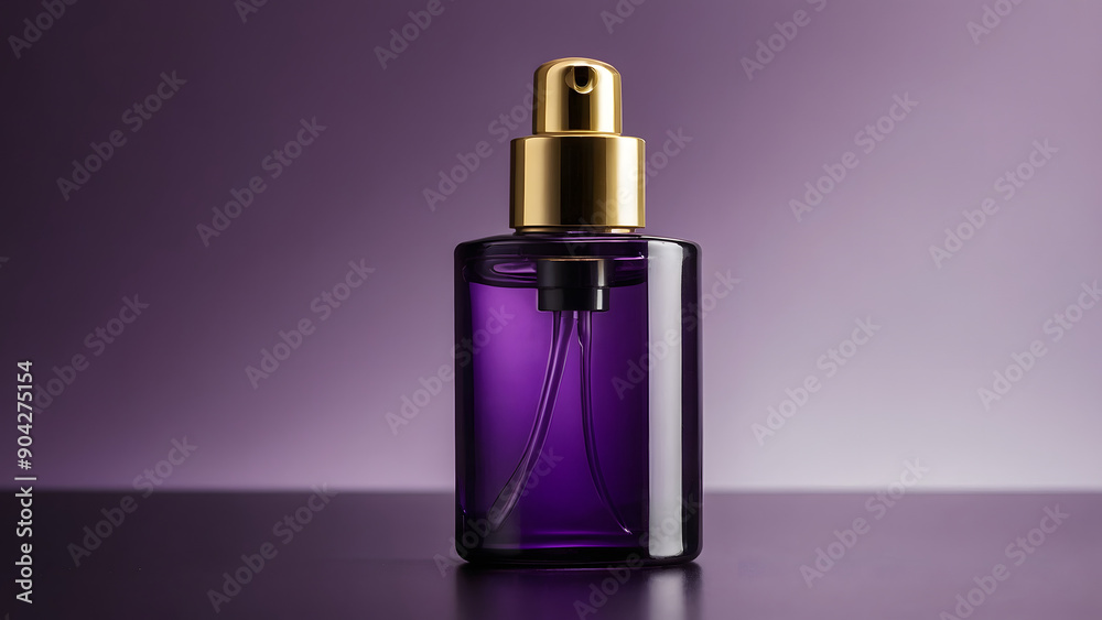 Cosmetic bottle dark purple bottle with gold dispenser on purple background