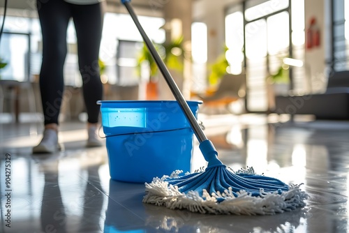 Blue bucket and mop, blurred motion of woman cleaning, modern office, close-up, realistic photo.
