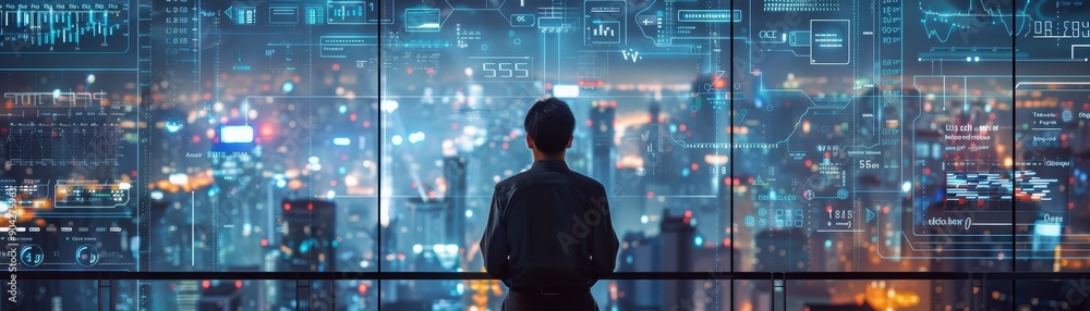 A man is sitting in front of a computer monitor with a globe on it. The globe is surrounded by a lot of numbers and lines. The man is looking at the screen intently A man is sitting in front of a computer monitor with a globe on it. The globe is surrounded by a lot of numbers and lines. The man is looking at the screen intently