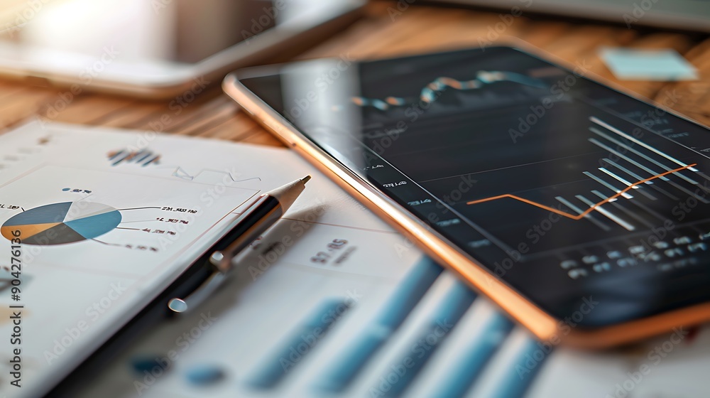 Economic on a wood desk with a pencil and tablet Economic on a wood desk with a pencil and tablet