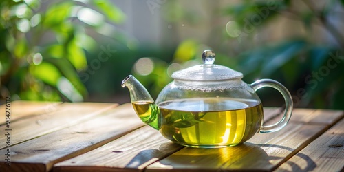tea in a glass teapot on a wooden table