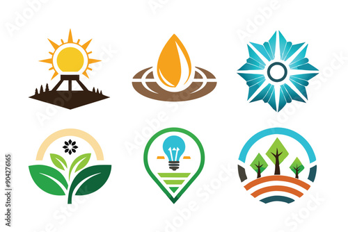 Six Abstract Eco-Friendly Logos with Nature and Technology Symbols