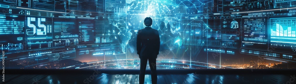 A man is sitting in front of a computer monitor with a globe on it. The globe is surrounded by a lot of numbers and lines. The man is looking at the screen intently A man is sitting in front of a computer monitor with a globe on it. The globe is surrounded by a lot of numbers and lines. The man is looking at the screen intently