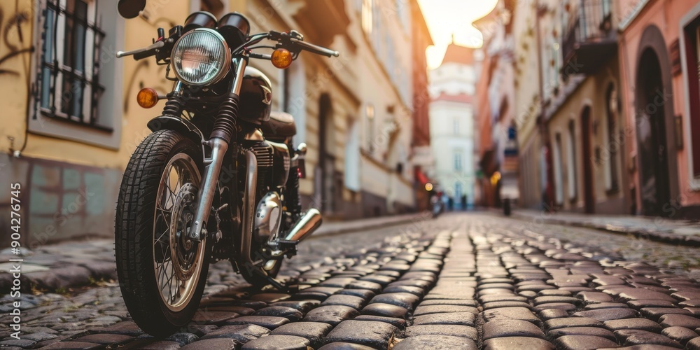 Close-up of a motorcycle parked on a cobblestone street, symbolizing efficient urban transportation Close-up of a motorcycle parked on a cobblestone street, symbolizing efficient urban transportation