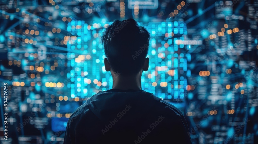 A man is sitting in front of a computer monitor with a globe on it. The globe is surrounded by a lot of numbers and lines. The man is looking at the screen intently A man is sitting in front of a computer monitor with a globe on it. The globe is surrounded by a lot of numbers and lines. The man is looking at the screen intently