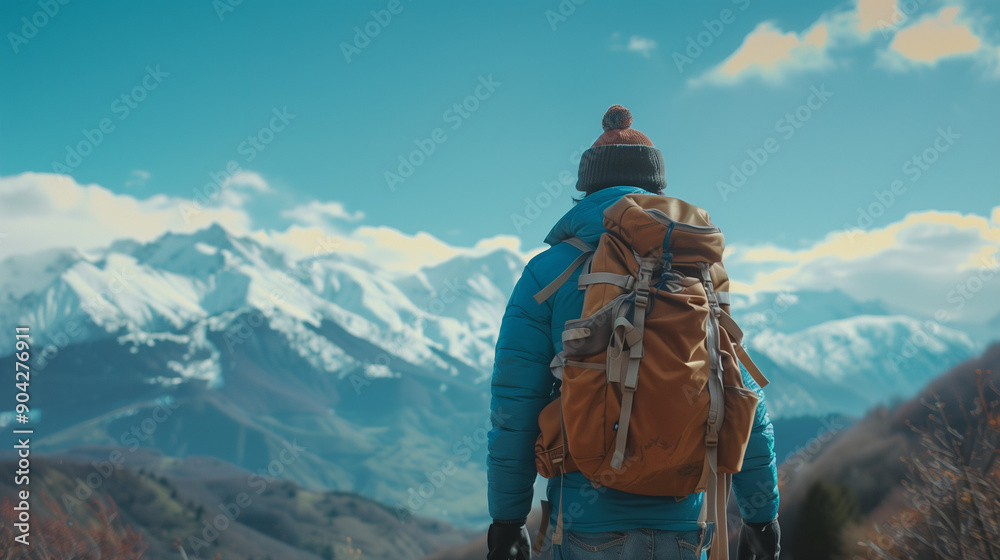 back view, man with hiking backpack, wearing comfortable hiking clothes and shoes, beautiful mountain view background, Ai generated Images back view, man with hiking backpack, wearing comfortable hiking clothes and shoes, beautiful mountain view background, Ai generated Images