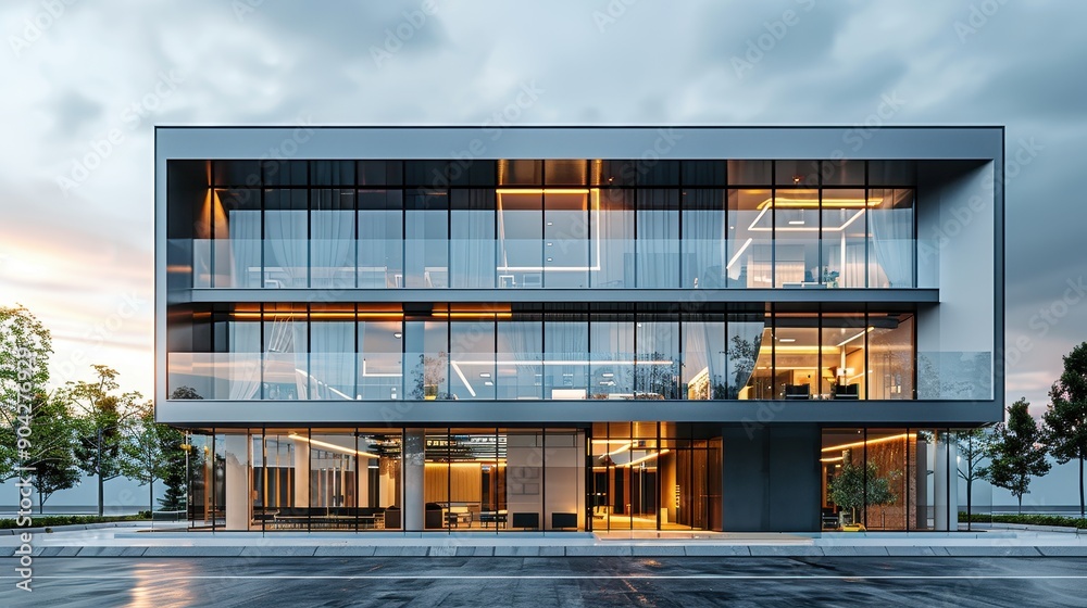 A tall building with a glass facade and a large window on the top. The building is surrounded by trees and has a reflective surface A tall building with a glass facade and a large window on the top. The building is surrounded by trees and has a reflective surface