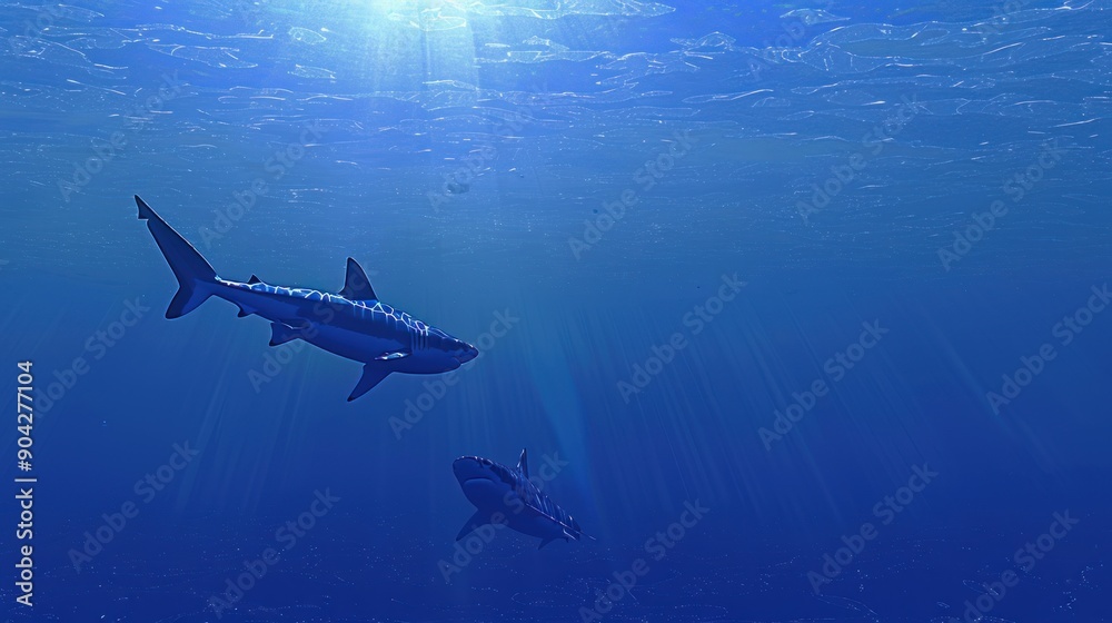 Majestic Sharks Swimming in Deep Blue Ocean. Majestic Sharks Swimming in Deep Blue Ocean.