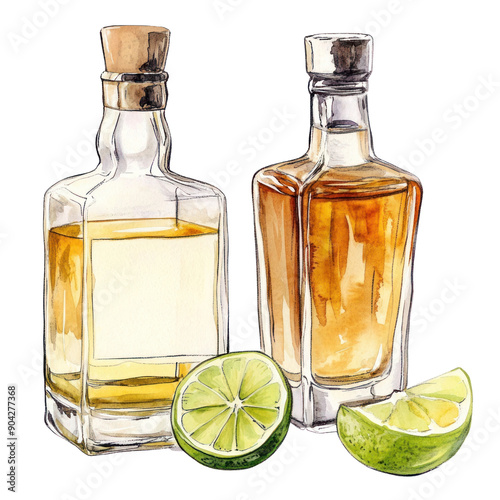 Tequila Bottles and shots of tequila clip art watercolor illustration isolated on the white background