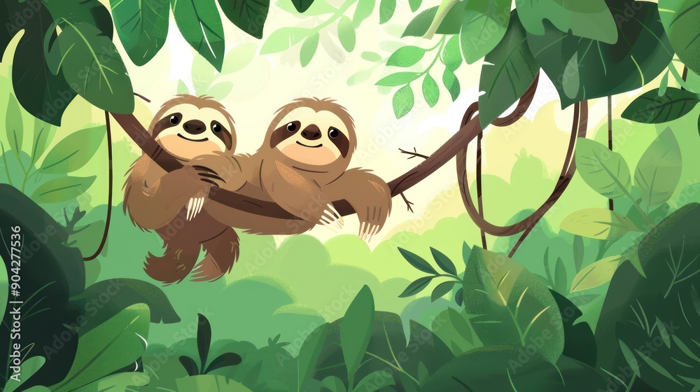 Obraz premium Two sloths hugging on a branch in a jungle.