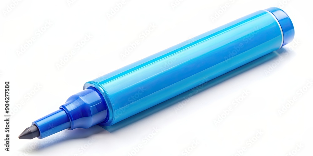 Vibrant bright blue highlighter pen isolated on white background, marker, pen, highlighter, office supplies, writing tool Vibrant bright blue highlighter pen isolated on white background, marker, pen, highlighter, office supplies, writing tool