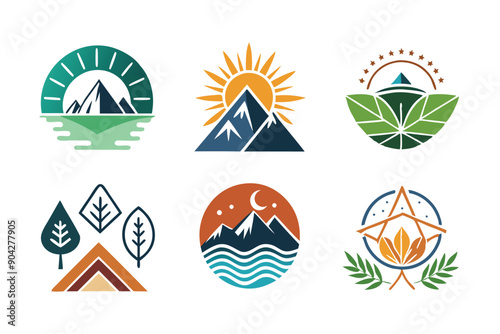 Set of six mountain and nature logo designs