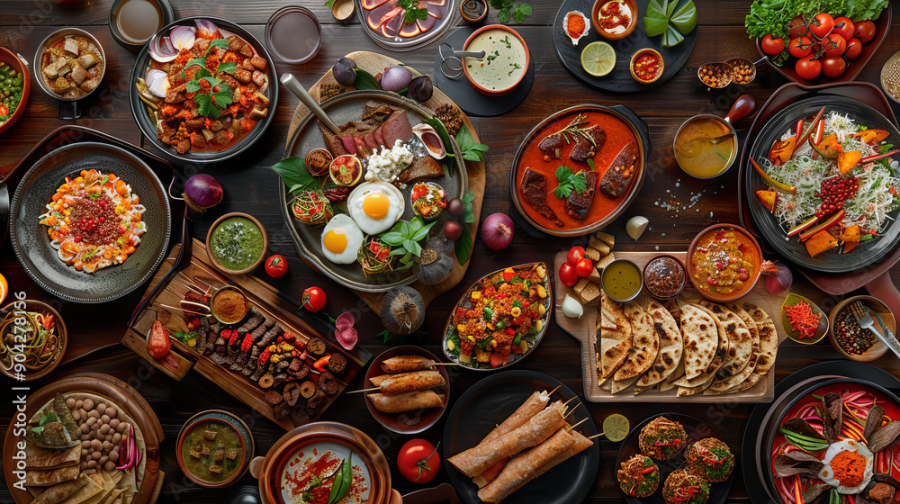 beautifully arranged spread of various dishes, showcasing a diverse and colorful selection of food. The dishes include a mix of meats, vegetables, stews, and flatbreads, each presented beautifully arranged spread of various dishes, showcasing a diverse and colorful selection of food. The dishes include a mix of meats, vegetables, stews, and flatbreads, each presented