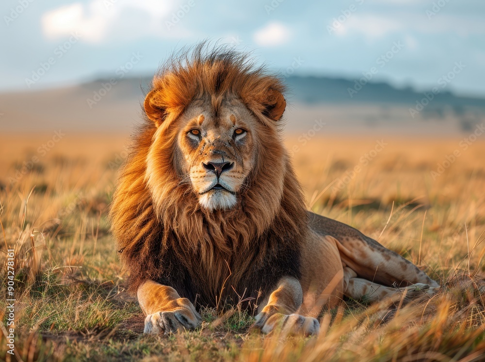 Majestic Lion with Impressive Mane Resting on Grass in Natural Habitat of African Savannah, Blue Sky and Mountain Background, Wide Angle Lens, Hyperrealistic Photography Majestic Lion with Impressive Mane Resting on Grass in Natural Habitat of African Savannah, Blue Sky and Mountain Background, Wide Angle Lens, Hyperrealistic Photography