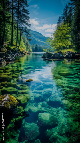 A stunning crystal clear lake surrounded by lush forest and majestic mountains showcasing the serene beauty of nature