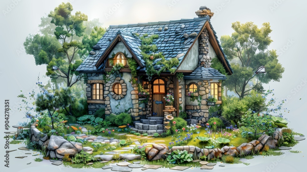 Fototapeta premium A charming stone cottage with a lush green garden and a whimsical facade.