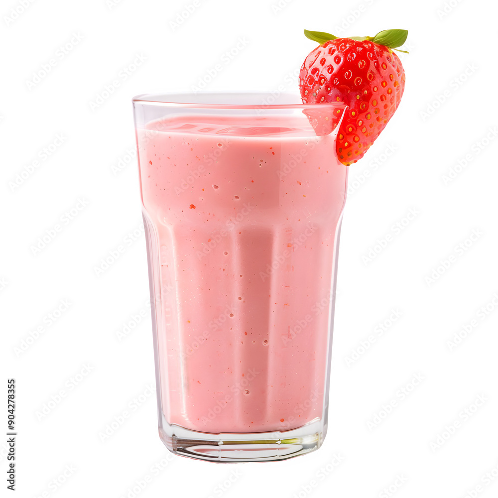 Strawberry smoothie in glass with fresh berry garnish Strawberry smoothie in glass with fresh berry garnish
